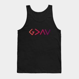 God is greater than the highs and the lows from Romans 8:28, gradient pink text Tank Top